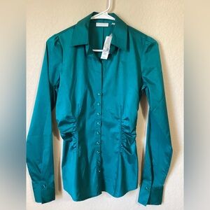 NWT New York & Company Stretch Green Button Down Shirt Size: XS w/ Jewel Buttons